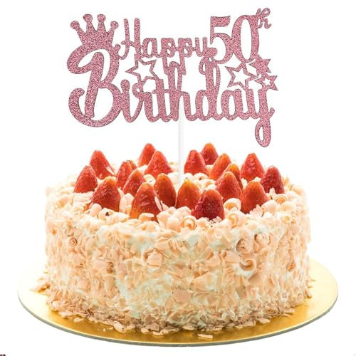 AIVEKE Glitter Rose Gold Birthday Cake Toppers - 50th Happy Birthday Cake Topper Glitter Cupcake Desserts Topper Cake Party Decoration for 50th Birthday Party