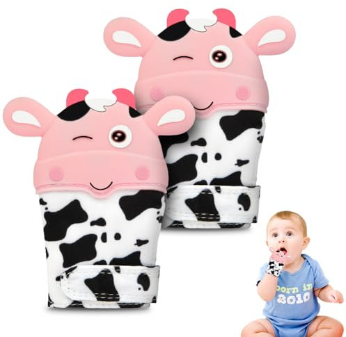 HOTUT 2 Pezzi Guanto da Dentizione per Bambini, Lenitivo Dentizione Mitten con Velcro Regolabile, Dentizione Neonati Giocattolo Guanti di Protezione, Giochi da Dentizione in Silicone per Bambini