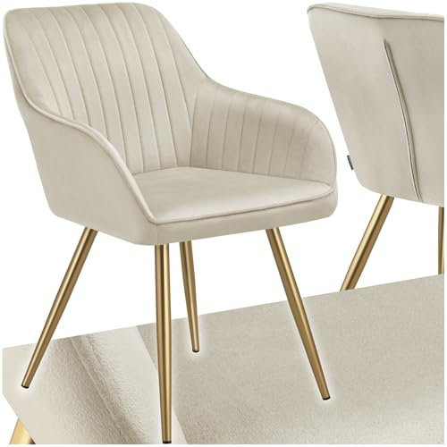 tectake® Esszimmerstuhl, gesteppter Samtstoff Stuhl, mit Armlehnen, als Essgruppe, Küchenstühle modern, gemütlicher Sessel Wohnzimmer, Dining Lounge, Schminktisch Stuhl- Creme/Gold, 1 Stuhl