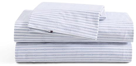 Tommy Hilfiger - Sheet Set, Cotton Percale Bedding with Matching Pillowcases, Crisp & Cool, Premium Quality Home Essentials (Monogram Stripe Blue, Twin XL)