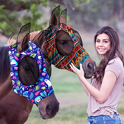 Hestya 2 Pieces Horse Fly Masks for Horses Soft Fly Masks for Horses with Ears Smooth and Elasticity Fly Mask with UV Protection(Tribal Grid Patterns,M)