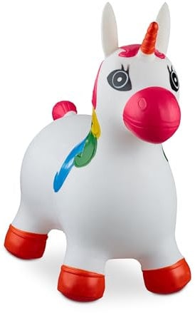 Relaxdays Unicorno Gonfiabile per Bambini, Gioco Animale Saltellante, Fino a 50 kg, Senza BPA, Pompa Manuale, Bianco, 100% plastica, 1 Pezzo