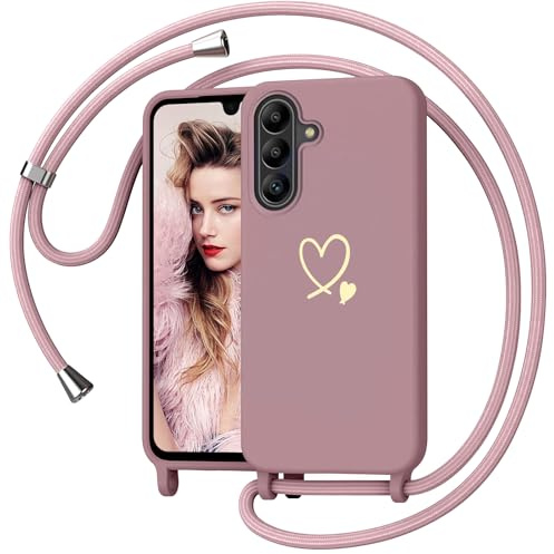 Yichxu Handyband für Samsung Galaxy A17 4G/5G Hülle mit Band, Herz Design Necklace Handyhülle zum Umhängen Kordel, Stoßfest Schutzhülle mit Kette, Weich Liquid Silikon Case für Samsung A17, Rosa
