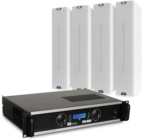 Power Dynamics PDCS403 Soundsystem - 500W Komplettset mit 4 Lautsprechern & Verstärker, IP44 Wetterfest, Wandmontage, Profi Beschallungsanlage für Gastronomie & Outdoor Partys - Weiß