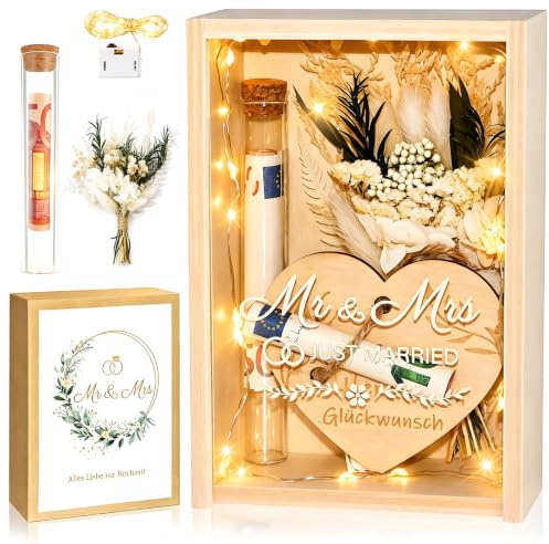 TUZELIYA Hochzeitsgeschenke für Brautpaare, Geldgeschenk Hochzeit | Mr & Mrs Hochzeitsgeschenk Geld, Geschenkbox inklusive Ewige Blumen, Holzbox, Reagenzglas, Lichterketten, Hochzeitstag