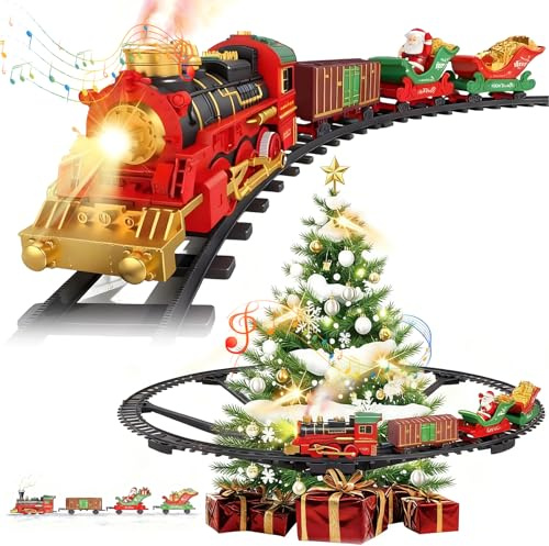 Gonggi Train for Around the Christmas Tree, 2 in 1 Christmas Tree Train Set, Christma Train Set for Under Trees for Family Yard Garden, Railway Kits w/Steam Locomotive Engine,Cargo Cars & Tracks