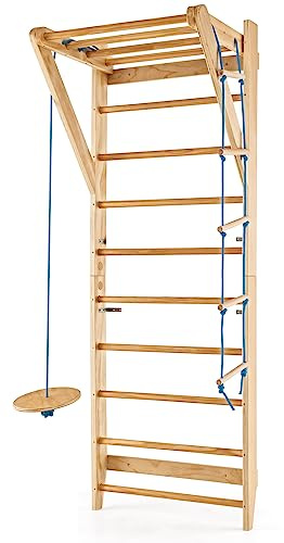 RELAX4LIFE Spalliera Svedese in Legno, Spalliera da Allenamento con Scala a Corda e Trapezio Rotondo, Scala Palestra per Bambini e Adulti, Carico Massimo 100 kg (Naturale, 220 x ‎80 x 60 cm)