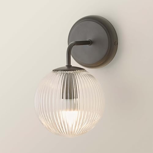 ValueLights | Kempton Matte Black Ribbed Glass Globe Shade Single Arm Wall Light | Wall Lights, Home Décor & Improvement Essential | Mains Wired