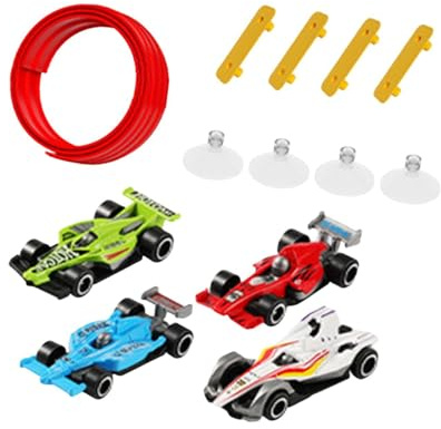 Oshhni Flexible Autorennbahn mit 4 Mini-Druckgussautos, aufrollbare Rennstrecke für Jungen und Mädchen, Rot