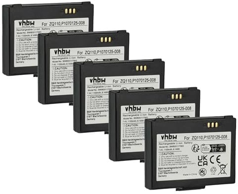 vhbw 5X Akku kompatibel mit Bixolon SPP-R200II | SPP-R200/II, SPP-R200III, SPP-R200 Barcodescanner POS (1100 mAh, 7,4 V, Li-Ion)