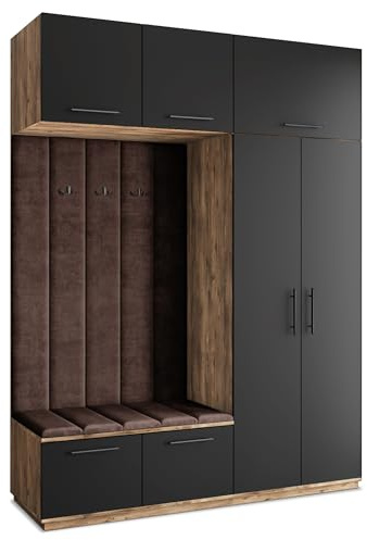 Masseno Flugarderoben Set Rema, Kleiderschrank-Set mit Sitzbank, Garderobenschrank Flur mit 5 Regalböden, Eiche Lefkas/Schwarz