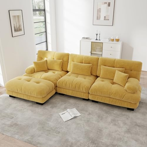 OPODEE Ecksofa L-Form Modulares Sofa XL Cloud Couch mit Ottoman, Übergroße Wohnlandschaft Chenille, Tiefes Sofa Couch Wohnzimmer mit Hocker, 313x145x81 cm, Gelb