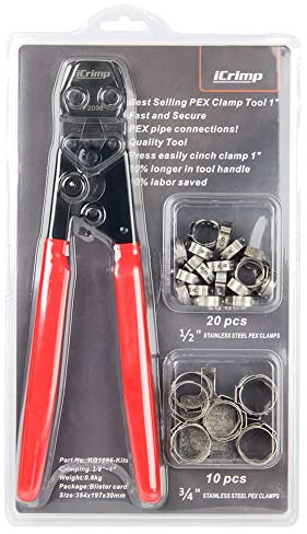 iCrimp Pince à sertir PEX pour colliers de serrage en acier inoxydable de 0,95 cm à 2,5 cm avec 20 pièces de 1,27 cm et 10 colliers de serrage en acier inoxydable 1,9 cm