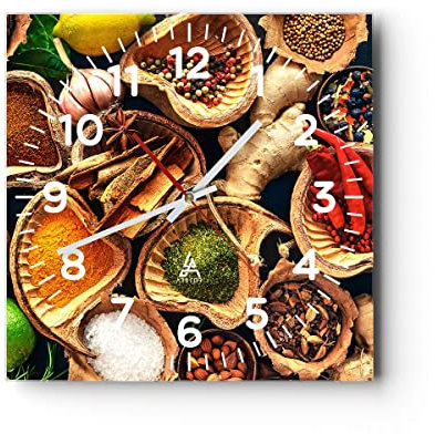 Modern Wanduhr Küche Essen Kräuter Gewürze 30x30cm Quadrat Klein Wand Uhr Glas Analog Zimmeruhren Küche Büro Wohnzimmer Glasuhr Wall Clock Dekoration Design Wanddekoration Küchenuhr C4AC30x30-2844