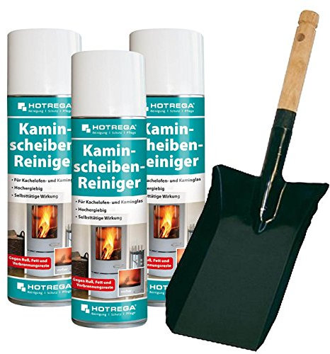 HOTREGA Kaminscheiben Reiniger, Hochleistungs-Aktivschaum-Reiniger für Glas, Kunststoffe, Metalle – Effektive Entfernung von Ruß, Fett, Öl (3x 300ml, Kohleschaufel)