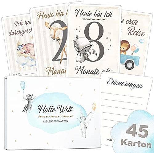 OLGS Meilensteinkarten Baby Junge, 45 Meilenstein Karten für Kinder zur Geburt, Taufe, Babyparty | Milestone Geschenkset mit Geschenkbox für Neugeborene Babys