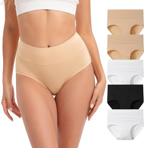 INNERSY Ladies Underwear High Waist Knickers Cotton Briefs Women Summer Black White Beige 5 Pack (12, Camel/White/Black)
