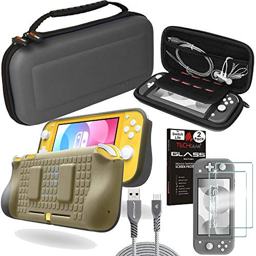 TECHGEAR 4 in 1 Switch Lite Zubehör Set, Hülle und Glas für Nintendo Switch Lite, Harte Schutzhülle Reise & Aufbewahrungs hülle, Soft Grip hülle, 2x Glas & 2 Meter Kabel [GRAU]