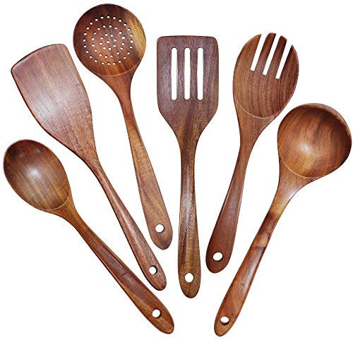 RETYLY Wooden Utensils Set of 6, Large Kitchen Cooking Utensil for Non Stick Cookware, Natural Teak Wood Spoons Spatula Ladle Colander, Durable Seamless Kitchen Tools