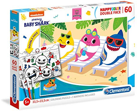 Clementoni - 26094 - Supercolor Puzzle - Baby Shark - Double Face Coloring - 60 Teile - Made in Italy - Kinderpuzzle zum Ausmalen, 5 Jahre +