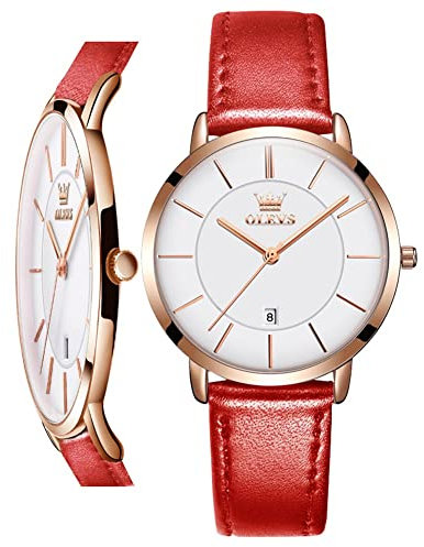 OLEVS Women Wrist Watches Ultra Thin 6.5mm Minimalist Dress Fashion Quartz Waterproof Date Day Leather Strap Slim Watches for Ladies, Red Leather&White Dial, Quartz Movement