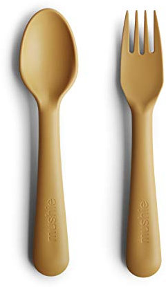 Mushie Fork and Spoon Set for Kids | Flatware Cutlery | 1x Set of Dinnerware Pieces | Reuseable | Dishwasher- and Microwave Safe | Easy for Baby or Child to Hold | Made in Denmark (Mustard)