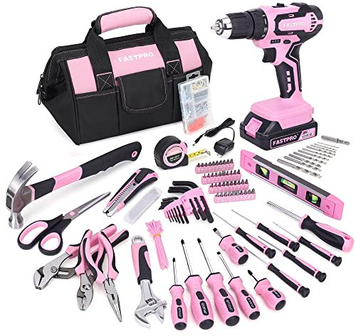 FASTPRO Taladro inalámbrico de iones de litio de 232 piezas de 20 V rosa y juego de herramientas para el hogar, kit de reparación para mujer con bolsa de almacenamiento abierta de boca ancha de 12