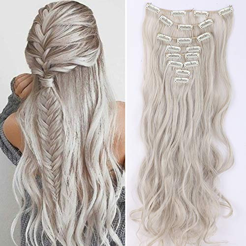 SEGO Clip in Extensions 8 Teiliges Set Haarverlängerung Haarteil wie Echthaar gewellt Aschblond Mix Silbergrau-1 61 cm