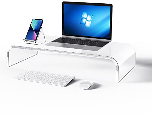 KMANDLU Premium Acrylic Monitor Stand | Clear Laptop Riser for Desk, Office and Home | Computer Stand for TV, Printer, and More | 16 L x 8 W x 4 H with Bonus Phone Stand