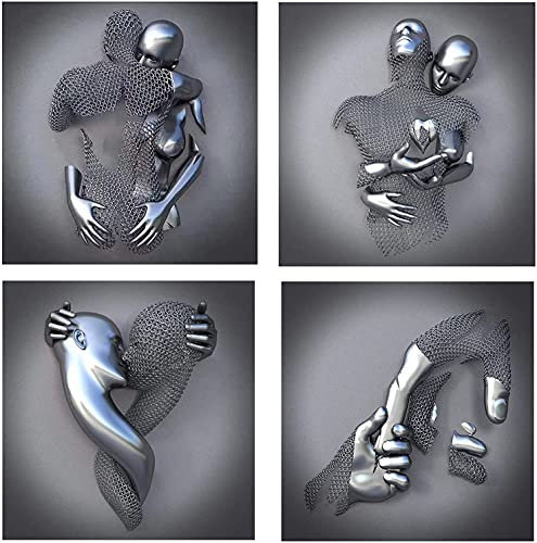 4Pcs Love Heart Effet 3D Wall Art Abstrait Toile,Métal Fil Sculpture Figure Couple,Décoration Murale de Suspendu Peinture Moderne pour de Chambre/Maison/Bureau,Sans Cadre. (50*50cm)