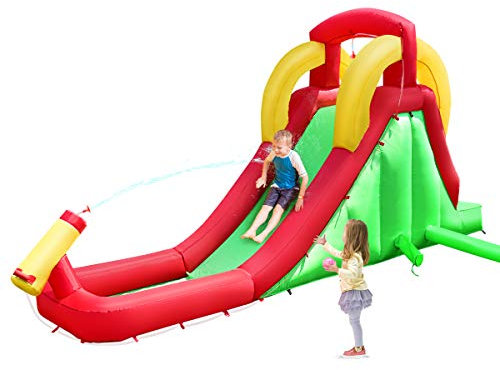 GOPLUS Château Gonflable, Aire de Jeux Aquatique Gonflable avec Glissière d'eau avec Le Mur d'escalade et Cavalier, Cadeau des Enfants,1 Tuyau et 1 Pistolet à Eau (sans Souffleur)