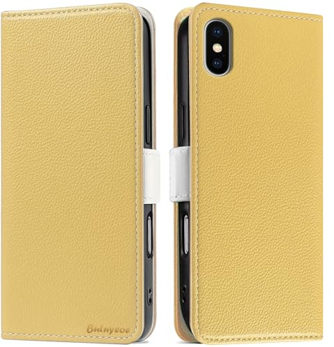 Butnyeoe Coque pour iPhone X Rabat,Housse iPhone XS Clapet,Portefeuille Etui avec Fonction Support et Porte-Carte,Litchi Texturé Cuir/Antichoc Flip Cover Case.Jaune