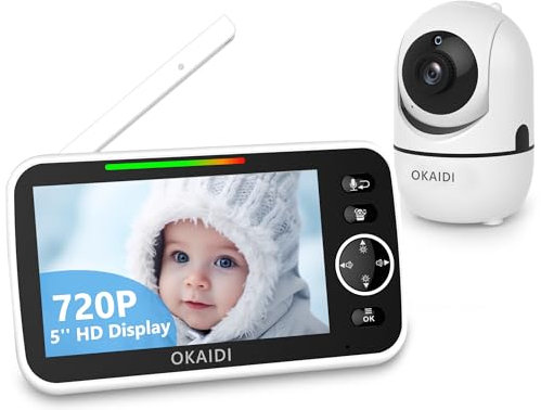 OKAIDI Baby Monitor - 720P 5/'' con fotocamera e audio, visione notturna a infrarossi, batteria 5000mAh, conversazione a 2 vie, sensore di temperatura, ninne nanne 900 m, senza WiFi per neonati