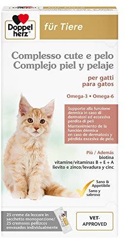 Doppelherz Complesso Cute e Pelo per Gatti, Supporto alla Funzione Dermica in Caso di Dermatosi ed Eccessiva Perdita di Peli, omega-3+6, biotina, vitamine B+E+A, 25 Creme da Leccare