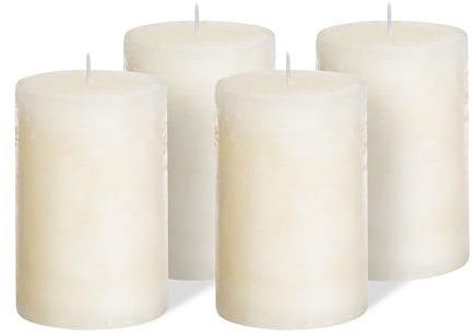 Brandsseller 4er Set Stumpenkerzen 7x14 cm – durchgefärbt & aus Paraffin – rustikale Kerzen mit langer Brenndauer – Dekokerzen für Tischdeko, Weihnachten & Feste – Creme