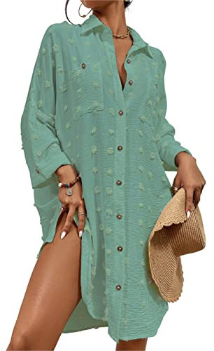 Bsubseach Bouton vers Le Bas Chemise Blanche Femme Couverture Robes Chic Et Elegant Robe de Plage Swiss Dot Bleu Vert