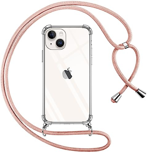 Pnakqil Cover per iPhone 14 Plus con Cordino, Trasparente Custodia con Laccio Tracolla Cellulare Girocollo Collana Protettiva per iPhone 14Plus 6.7, Rosa