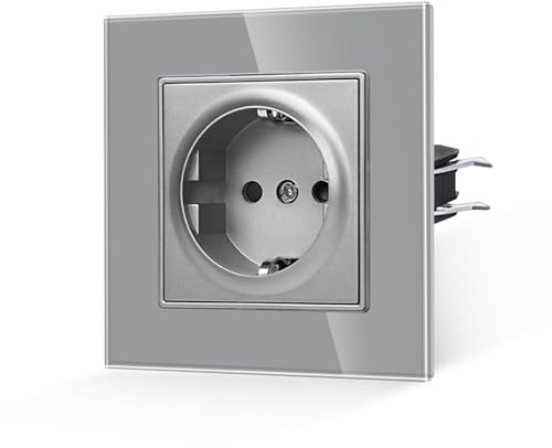 JIMEIDA Enchufe de Vidrio Gris 1 compartimiento,16 Amp Panel de Vidrio Templado Enchufe Estándar Toma de Contacto de Tierra Enchufe de Pared 86mm 250V