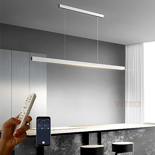 Moderne LED Weiß Pendelleuchte esstisch Dimmbar Acryl-Material Hängeleuchte Esszimmerlampe L150cm 60W Linear Design Pendellampe Holz Kronleuchter mit Fernbedienung Hängelampe für Restaurants Büro
