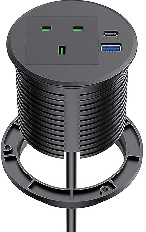 Haiaoyyds Desk Plug Socket Grommet 80mm Hole with 1 UK Plug, 2 USB Ports, 2M Cable, Recessed Socket for Home Office, Black