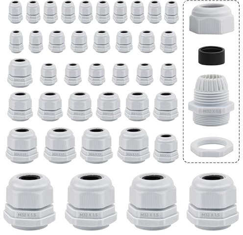40 Stück Kabelverschraubung M12 M16 M20 M24 M32 Verstellbare Kabeldurchführung Wasserdicht mit Mutter Zur Befestigung Von Kabelverschraubungen für Outdoor Garten Garage Abzweigdose Weiß