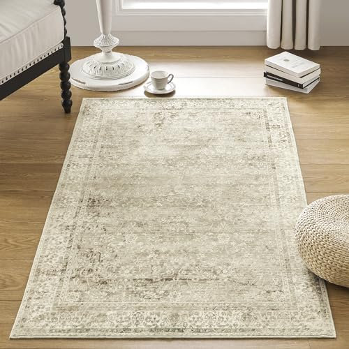 3x5 Small Entryway Area Rug Indoor for Front Door Entry Way,Washable Non Slip Ultra Thin Modern Farmhouse Neutral Boho Door Mat Entrance,Tan Brown and Cream Beige