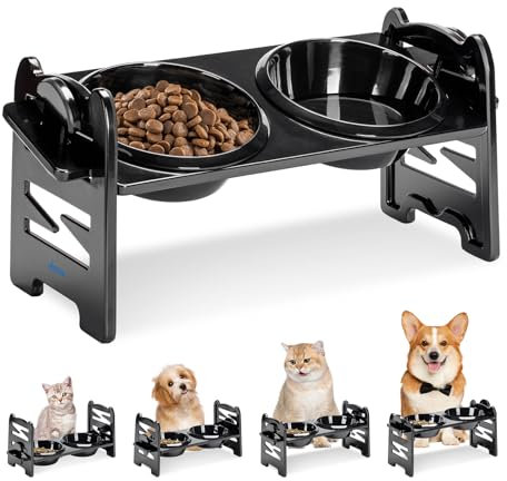Gamelle Chat Surélevée,Double Gamelle pour Chat Inclinable à 0°-15° avec Support,Bol Chat Bol Chien pour Nourriture & Eau,Hauteurs réglables 6 en 1,Anti-vomissement Double Bol pour Chat et Petit Chien