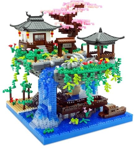 Seyaom Kit de micro mini ladrillos iluminados para estanque de flores de durazno, juego de construcción de árbol bonsái de cerezo de arquitectura china para adultos, niños y niñas de 16 años en