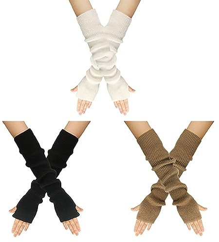 MoreChioce 3 Paar Frauen Lange Fingerlose Handschuhe, Winter Gestrickt Armstulpen Ellenbogenlange Handgelenk Pulswärmer Damen Halbfingerhandschuhe Fäustlinge Strickhandschuhe mit Daumenloch,Bunt #A