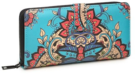 KARMA.DIEM Damen XL Geldbörse | Ethno-Boho-Stil mit farbenfrohem Mandala- und Blumenmuster, 19 Kartenfächer, Reißverschluss und Druckknopfverschluss, Münz- und Handyfach (Türkis)