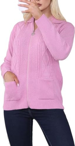 Womens Zipped Cable Knit Long Sleeve Collar Cardigan, Ladies Classic Chunky Winter Knitwear Zip Through Fasten with Pockets Pullover Jumper Top Zipper UK Plus Size 8-22