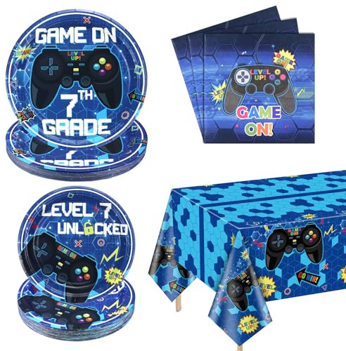 61 Piezas De Suministros De Fiesta De Videojuegos, Decoración De Fiesta De Videojuegos De 7º Cumpleaños, Platos De Papel, Servilletas, Mantel De Videojuegos, Regalos De Fiesta De 7º