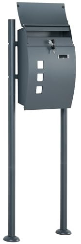 HOMCOM Briefkasten mit Ständer, Postkasten mit Zeitungsfach Wandbriefkasten mit 2 Schlüssel, Sichtfenster, aus Verzinktem Stahl, 44 x 15 x 114 cm, Anthrazit