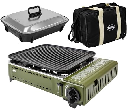 Amig - Campeggio Gas| Cucina Portatile | Fornello Grill - Griglia In Fusione In Alluminio | Con Vassoio Raccoglie Grassi In Acciaio Inox | 1,8 Kw Potenza